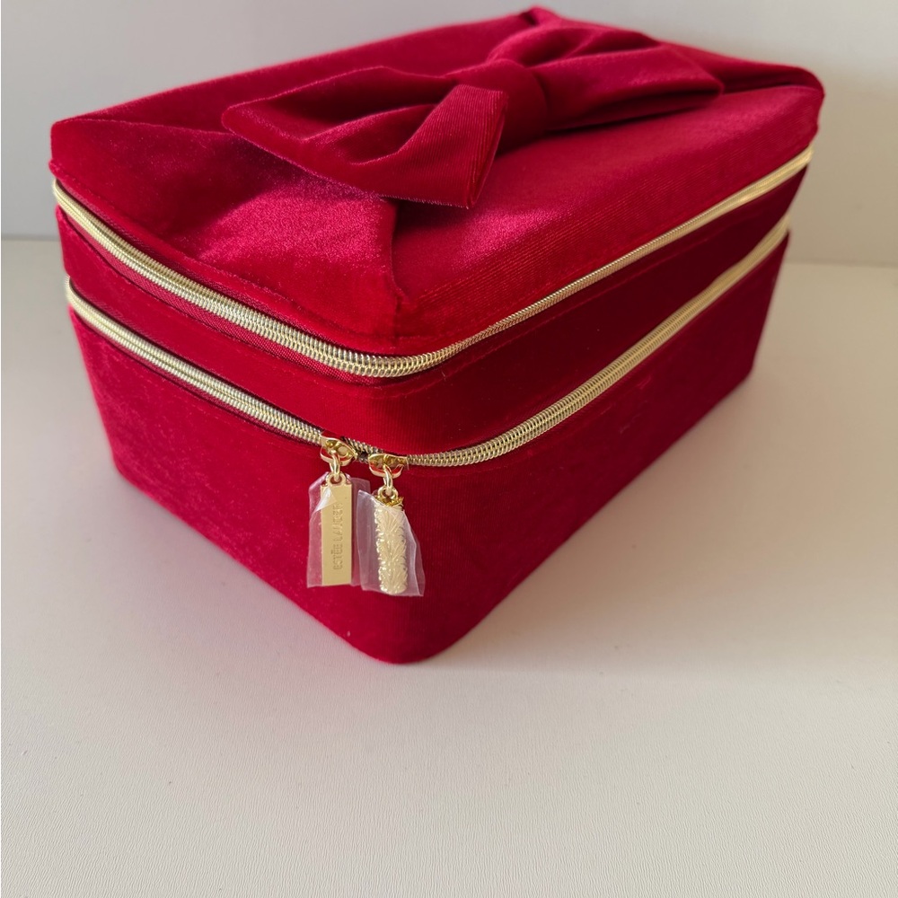 Estée Lauder Red Velvet Bow Travel makeup Case with Gold Zippers